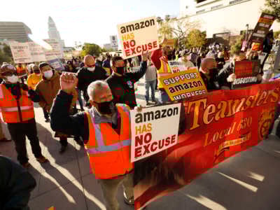Teamsters Local 63 joined union workers as they rallied in downtown Los Angeles, California, on March 22, 2021, in support of Alabama Amazon workers attempting to unionize.