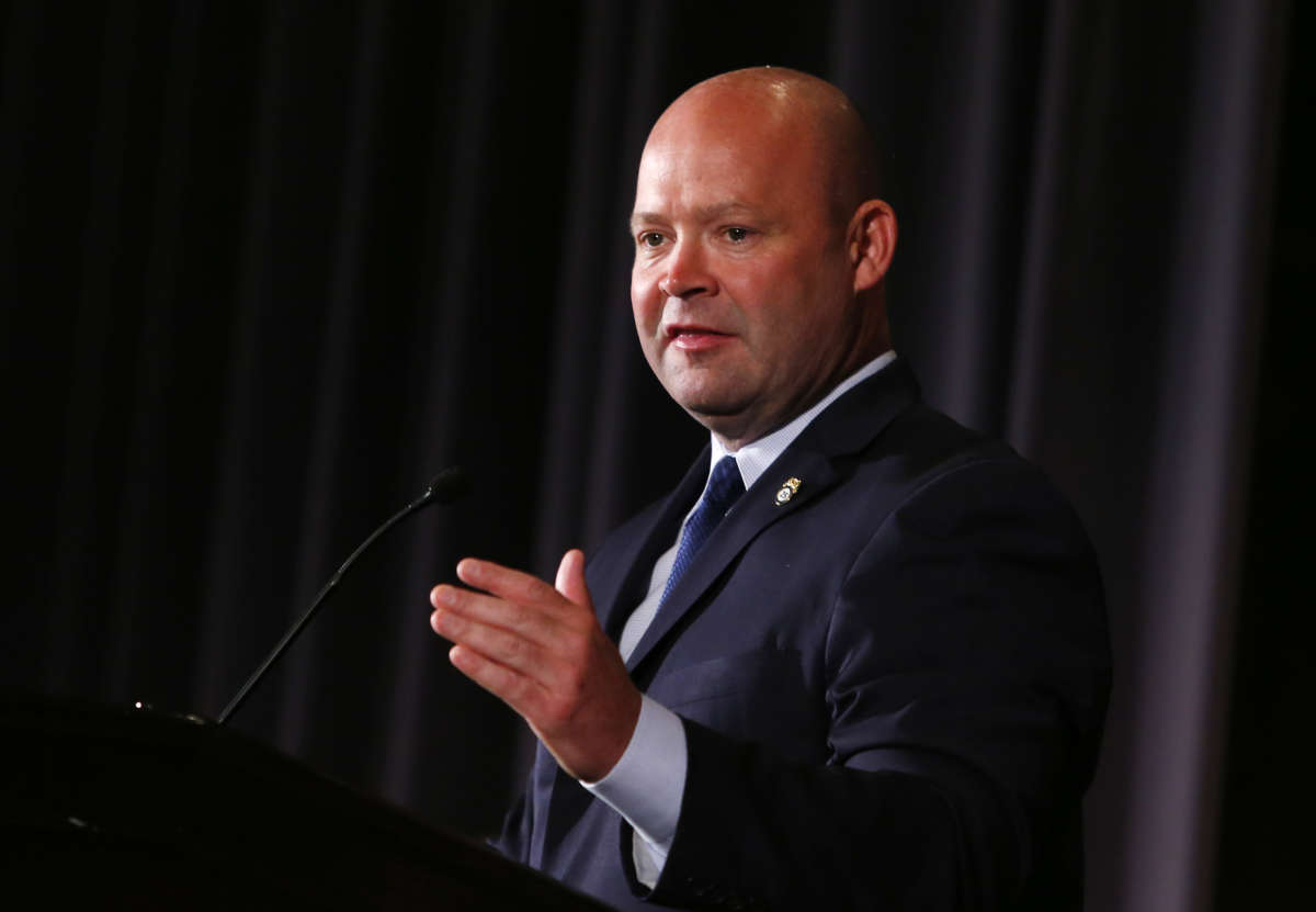 Teamsters Local 25 President Sean O'Brien speaks at the Greater Boston Labor Council in Boston, Massachusetts, on September. 5, 2016.