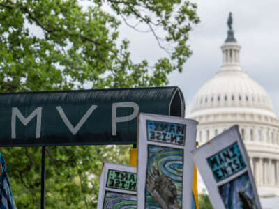 The dome of the Capitol is seen as climate advocates demonstrate against the Mountain Valley Pipeline project approved as part of the Inflation Reduction Act in Washington, D.C., on September 8, 2022.