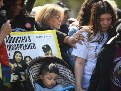 Jennifer Vasquez Sura and her children attend an interfaith prayer vigil for her husband Kilmar Abrego García, held outside the White House in Washington, D.C., on April 14, 2025.