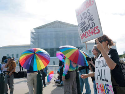 Protesters in support of LGBTQ+ rights and against book bans demonstrate outside of the U.S. Supreme Court Building on April 22, 2025, in Washington, D.C.