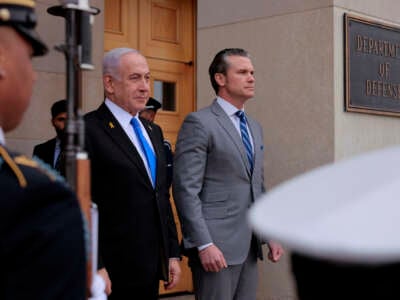 Defense Secretary Pete Hegseth welcomes Israeli Prime Minister Benjamin Netanyahu to the Pentagon during an honor cordon on February 5, 2025, in Arlington, Virginia.