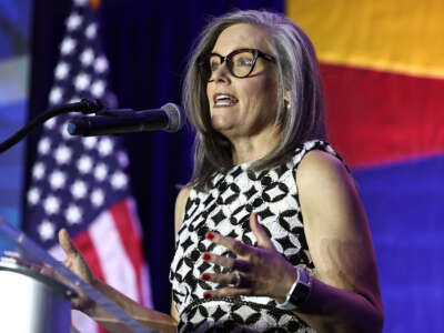 Arizona Gov. Katie Hobbs speaks at the Arizona Democratic Election Night Watch Party on November 5, 2024, in Phoenix, Arizona.