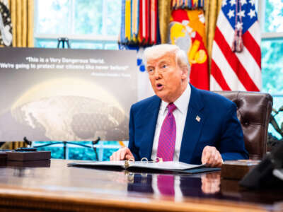 President Donald Trump announce plans for the Golden Dome defense system in the Oval Office of the White House on May 20, 2025.