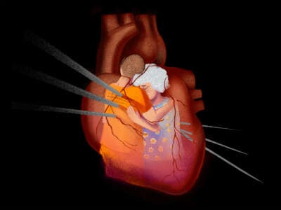 A digital illustration of an older woman and a man in a prison uniform hugging from within the image of an anatomically correct human heart, all of which are being pierced by three blades.