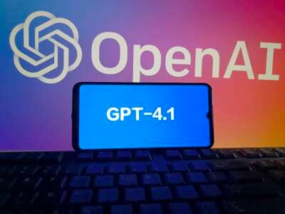 The logo of GPT-4.1 is displayed on a smartphone screen with OpenAI logo in the background on May 15, 2025, in Suqian, Jiangsu Province of China.